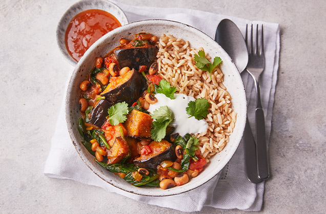 636x418 Aubergine black eyed bean and spinach curry recipe
