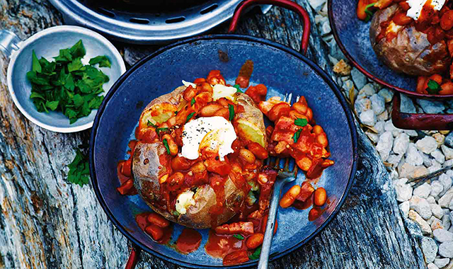 Smoky baked beans with jacket potatoes recipe