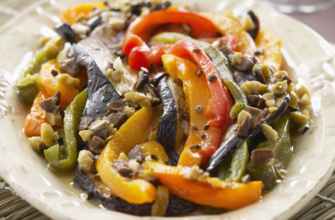 Aubergines with peppers
