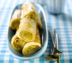 Rolled pancakes with rhubarb filling