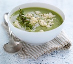 Cream of pea soup with feta 	