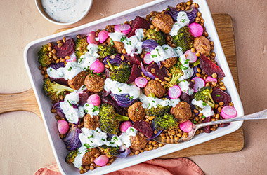 Meatball, beetroot and lentil bake