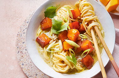 Sticky roasted squash and noodle soup
