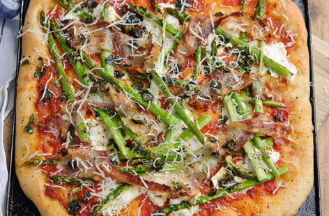 British asparagus and ricotta pizza
