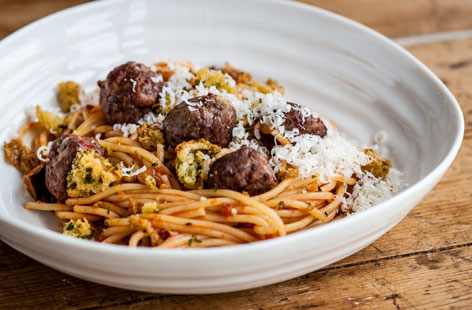 Dominic Chapman’s spaghetti and meatballs with mini garlic bites