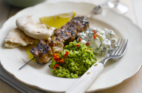 Lamb skewers with peas and tzatziki