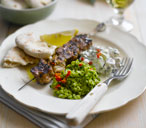 Lamb skewers with peas and tzatziki