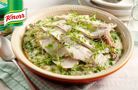 Roast chicken and pea risotto