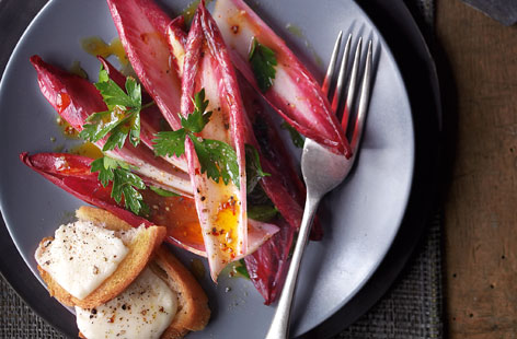 Red chicory salad with mozzarella toasts and lemon anchovy dressing HERO