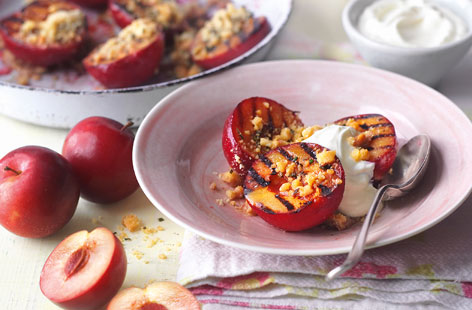Roasted plums  with shortbread  and rosemary crumbs HERO