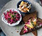 Tartine with creamy beetroot and smoked mackerel topping