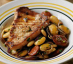 Griddled pork with butterbean and chorizo stew