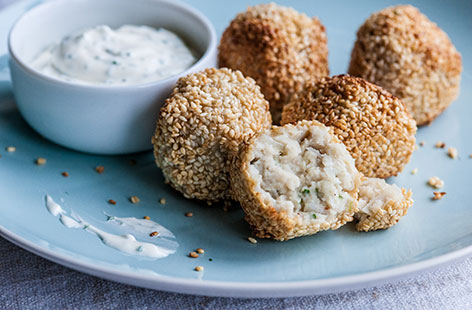 Frances Atkin's ping-pong balls with chive yogurt