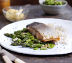 Salmon with soy butter and garlicky greens