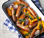 Delicious roast sausages with squash 