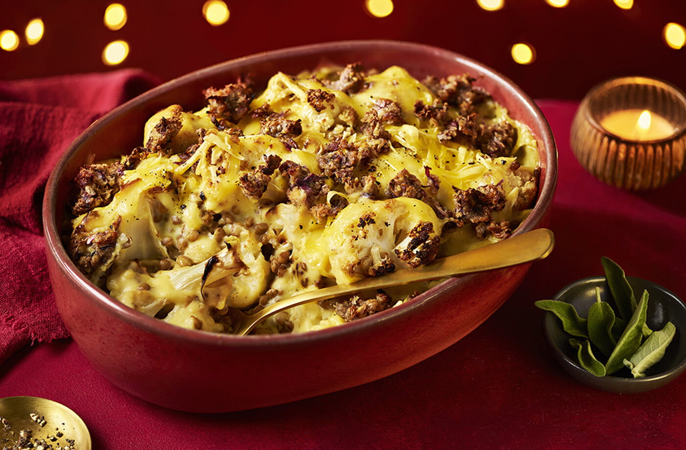 Creamy cauliflower and lentil gratin with sage and onion stuffing topping recipe