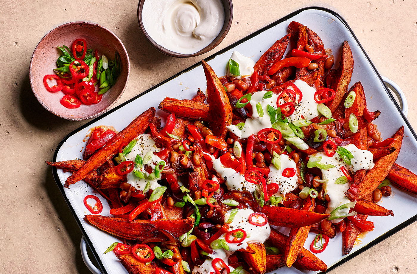 Chilli-loaded sweet potato fries recipe