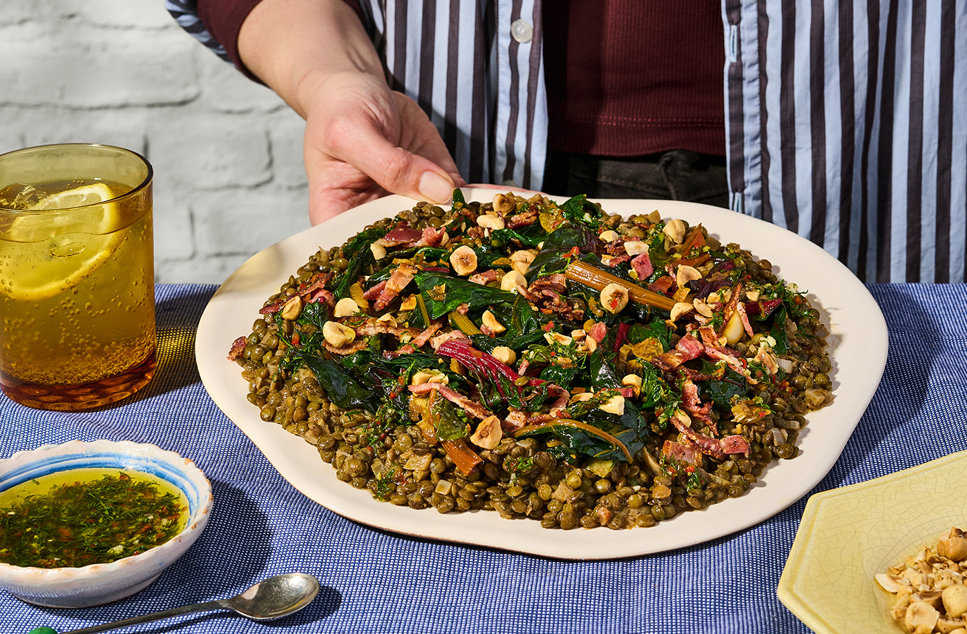 Seema’s braised lentils with rainbow chard and charred lemon gremolata recipe