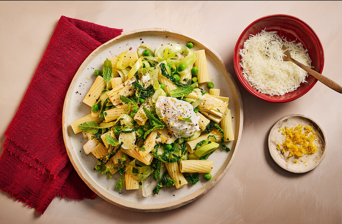 Lemony leek, cabbage and artichoke rigatoni recipe