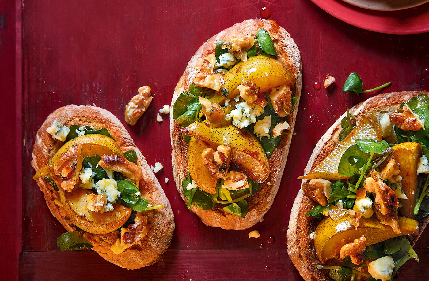 Pear, Stilton and candied walnut bruschetta recipe