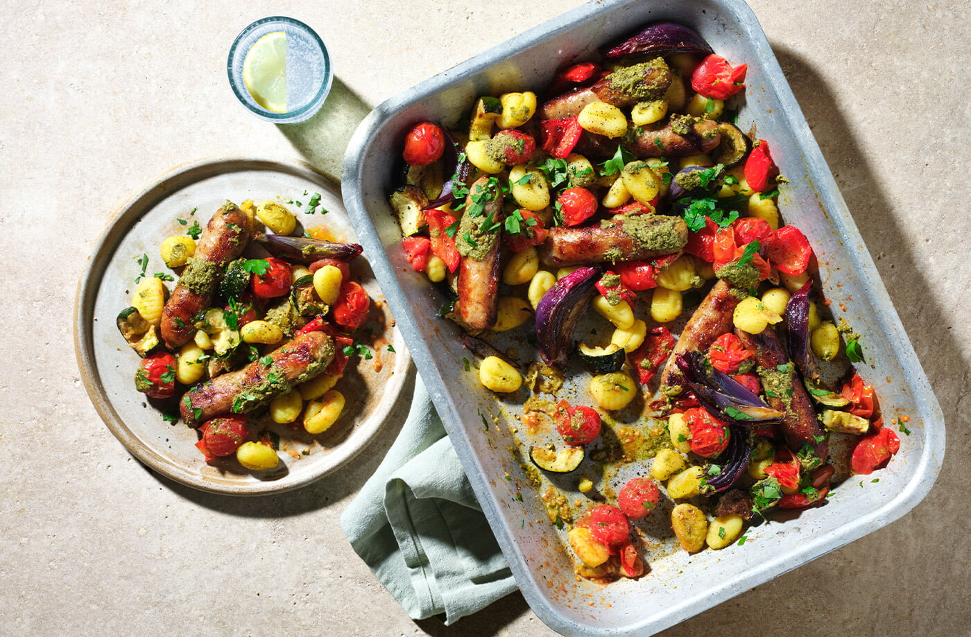 Sausage, veg and gnocchi traybake recipe
