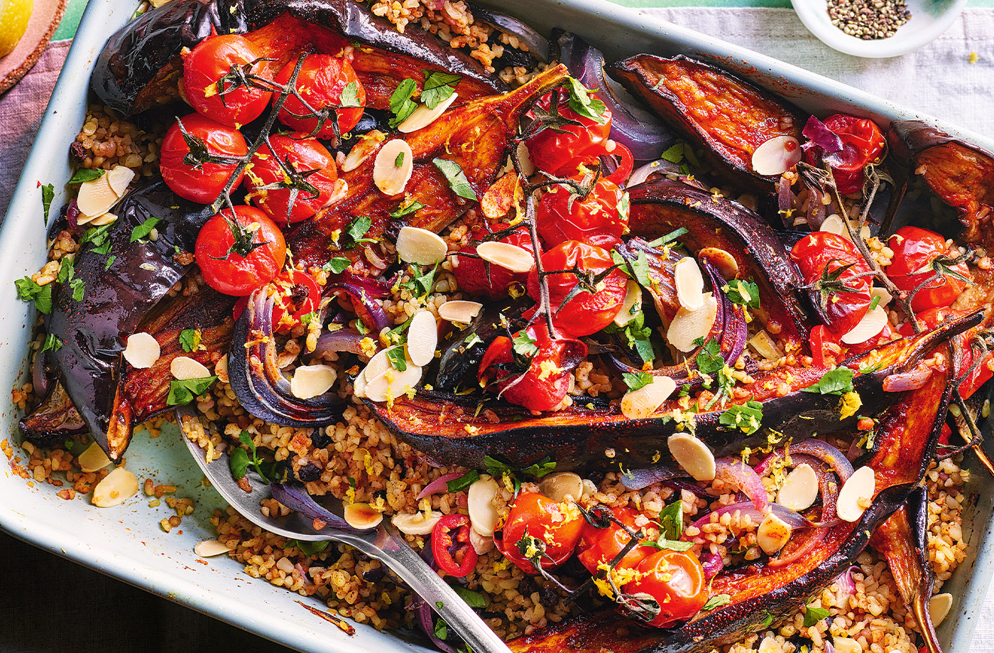 Smoky aubergine and bulgur wheat recipe