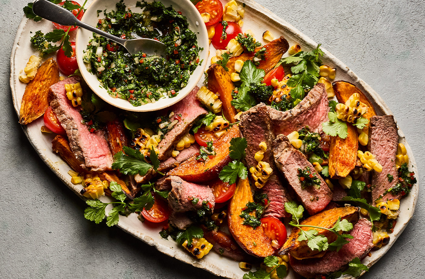 Steak and charred sweetcorn salad with chimichurri recipe
