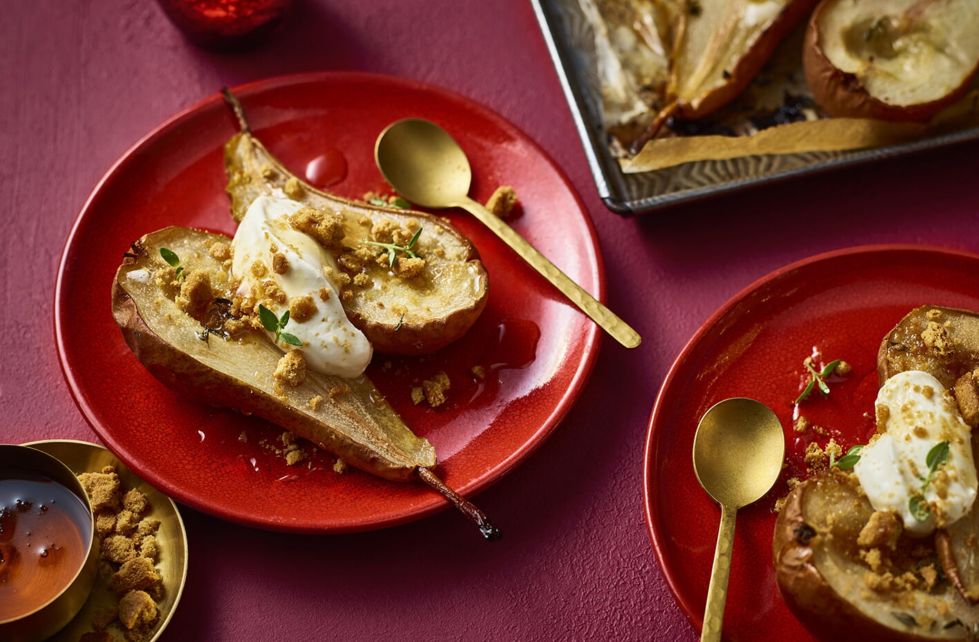 Maple roasted pears with thyme, coconut cream and gingernut crumble  recipe