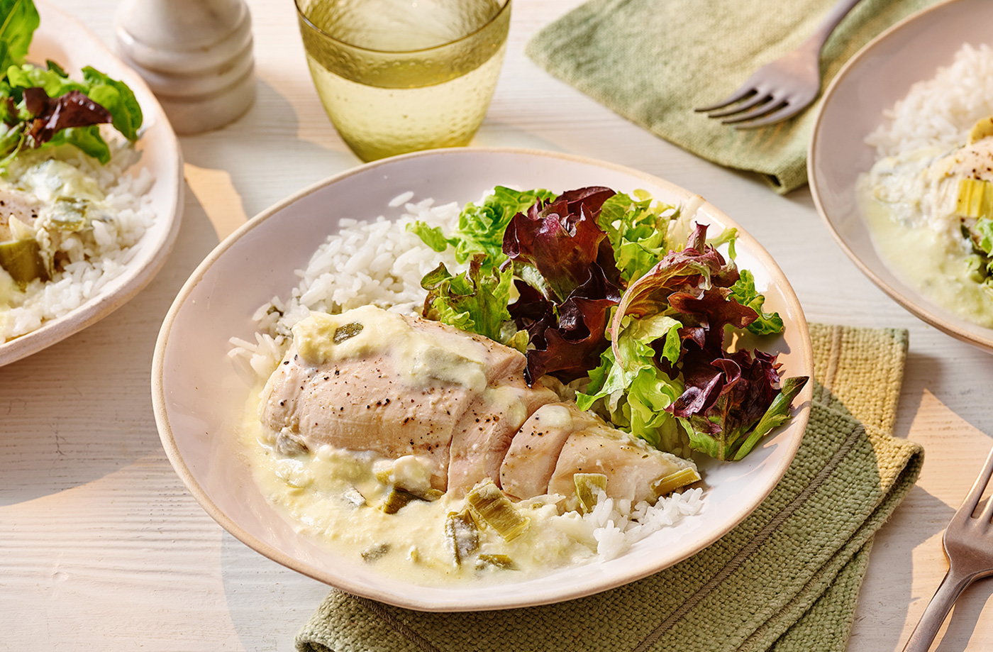 Herby soft cheese baked chicken with leeks recipe