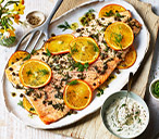 Roast Salmon And Capers With Herb Cream Recipe | Easter Lunch Recipes | Tesco Real Food