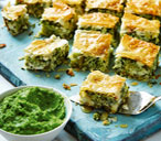 Broccoli, feta and almond baklava with pea purée | Tesco Real Food
