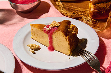 Rhubarb and custard Basque cheesecake