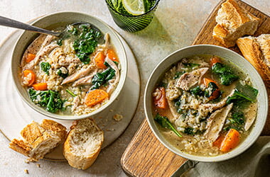 Chicken, greens and grains soup