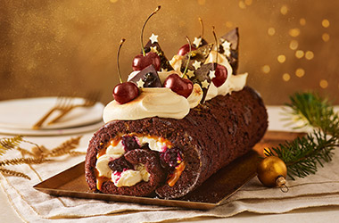 Chocolate cherry roulade with miso caramel