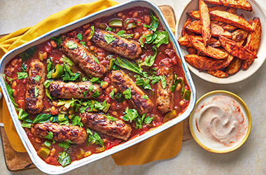 Cowboy beans and sausage traybake