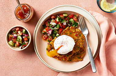 Dhal fritters with cucumber and tomato salad