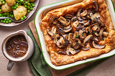 Giant Yorkshire pud with garlic mushrooms