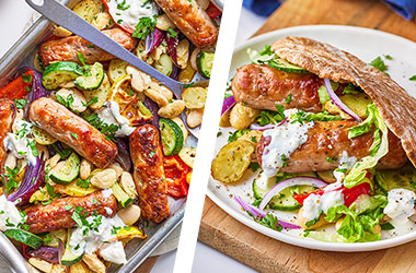 Greek sausage traybake AND sausage pittas