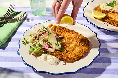 Halloumi schnitzel with apple and fennel slaw