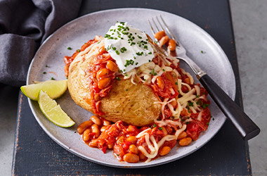 Jacket potatoes and smoky BBQ beans