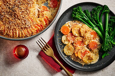 Jade Greenhalgh's parsnip, carrot and caraway gratin with hazelnut crumb