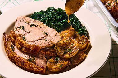 Salt and vinegar roast pork with honey musard onions