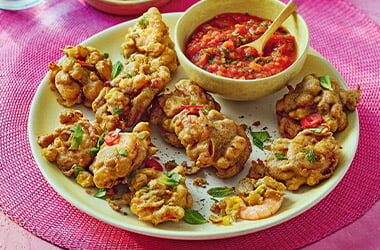 Omar Foster's prawn and mango pakoras