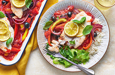 Puttanesca-style fish traybake