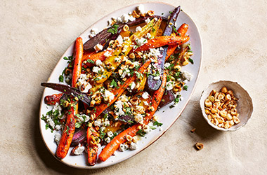 Rainbow carrots with feta and hazelnut