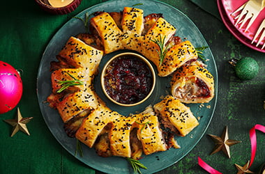 Cranberry and brie sausage roll wreath