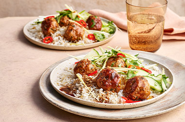 Teriyaki pork meatballs with crispy rice