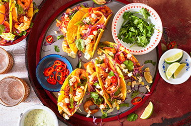 Spicy prawn, garlic and herb tacos