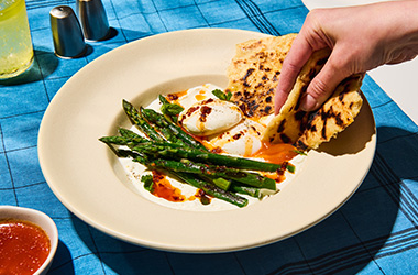 Turkish eggs with grilled asparagus