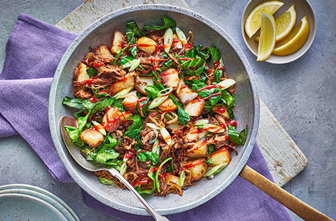 Wondering what to do with that leftover Easter lamb? This potato hash is just the ticket. Crispy lamb and potatoes are fried with spring onions, then topped with a squeeze of lemon and lashings of hot sauce.